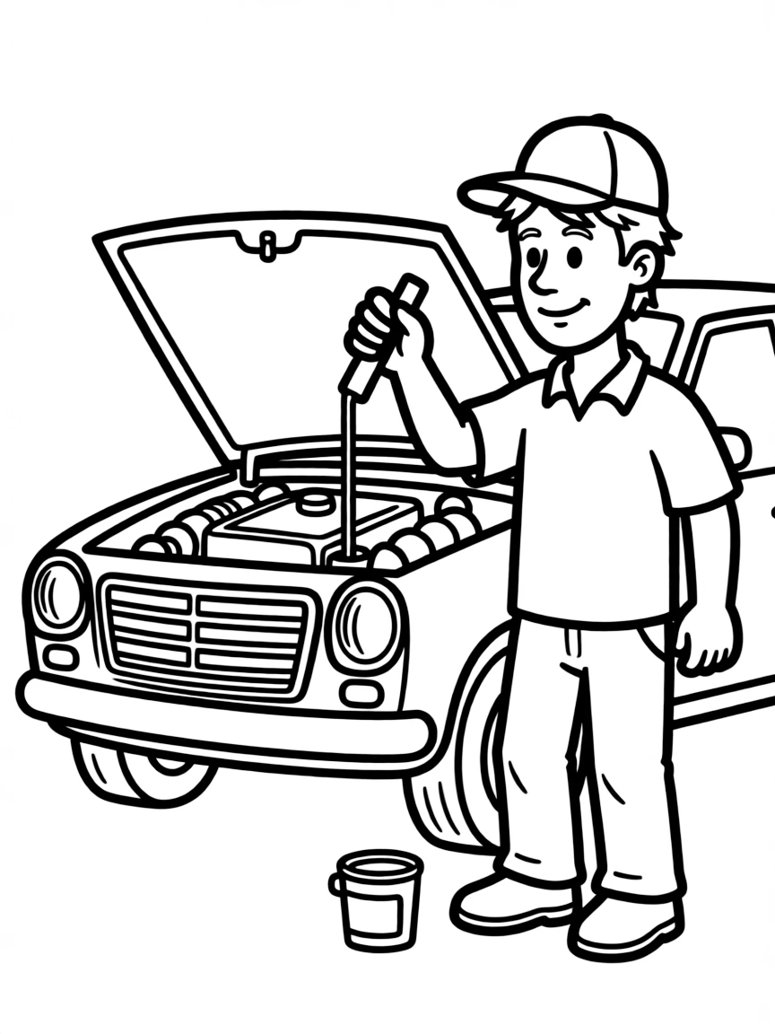 A mechanic checking engine oil.
