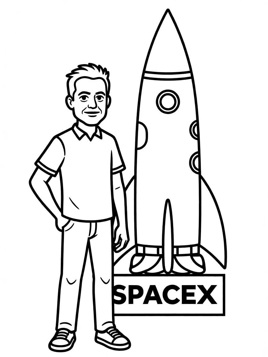 Elon Musk with a rocket in the background.