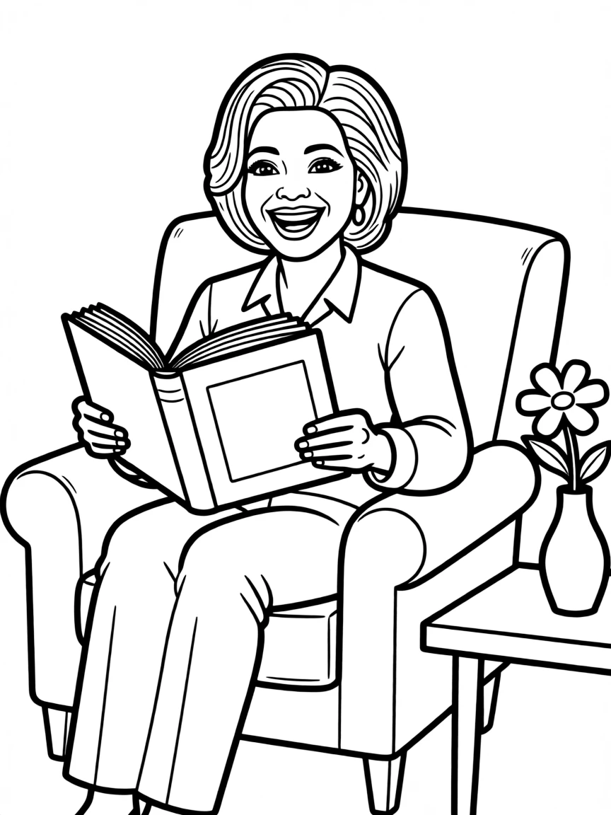 Oprah Winfrey smiling and reading a book.