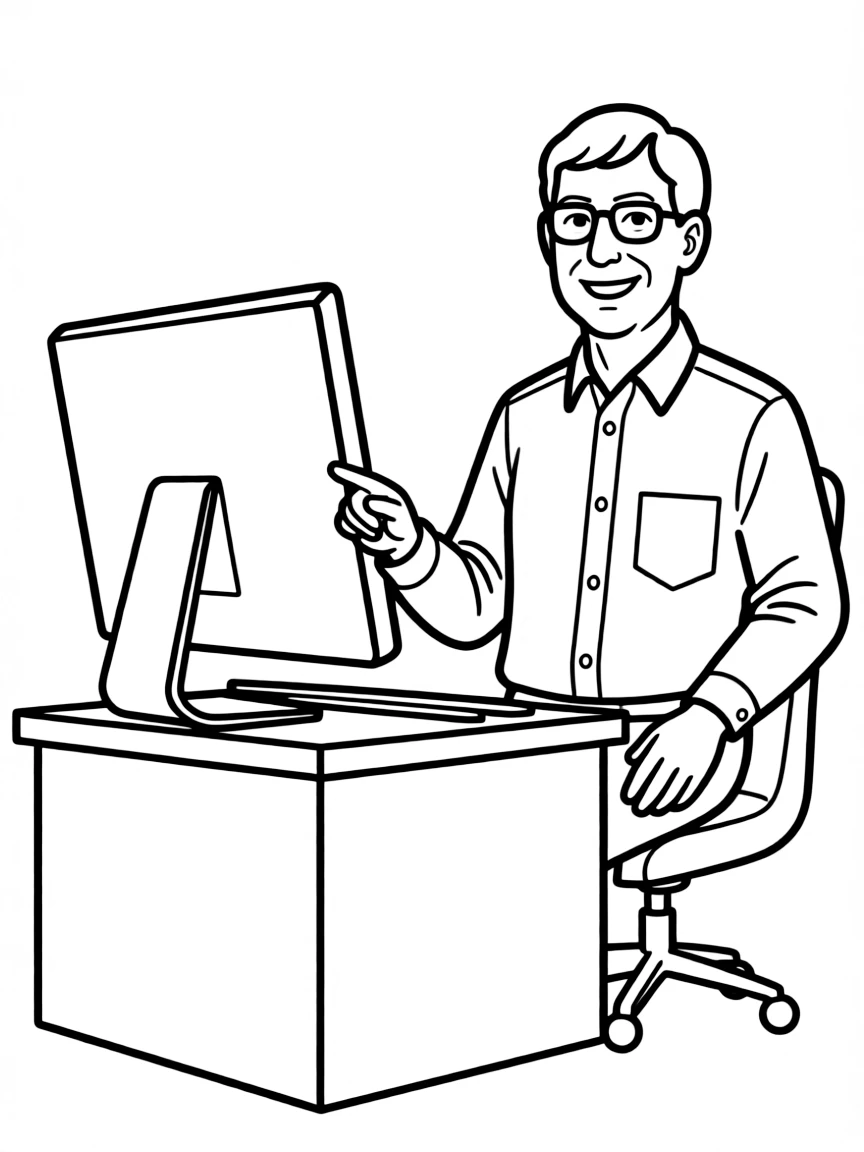 Bill Gates smiling and pointing to a computer screen.