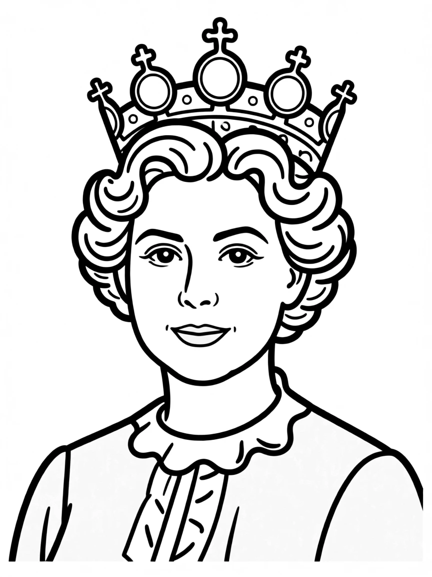 A simple drawing of Queen Elizabeth II with her crown.