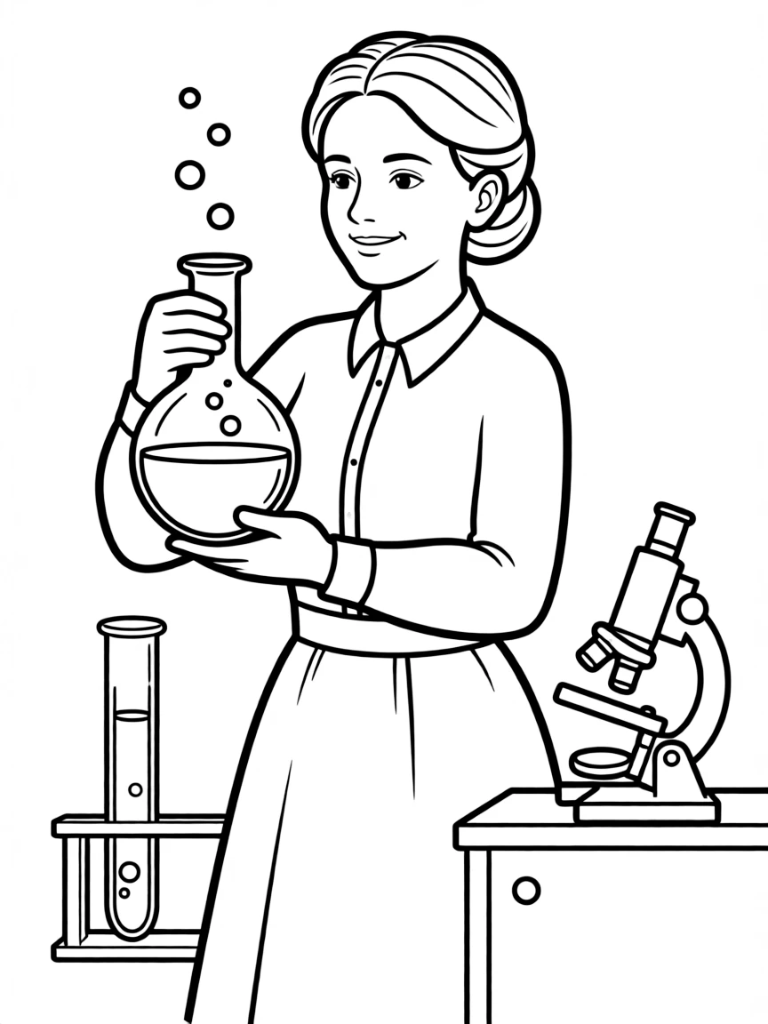 Marie Curie holding a beaker.