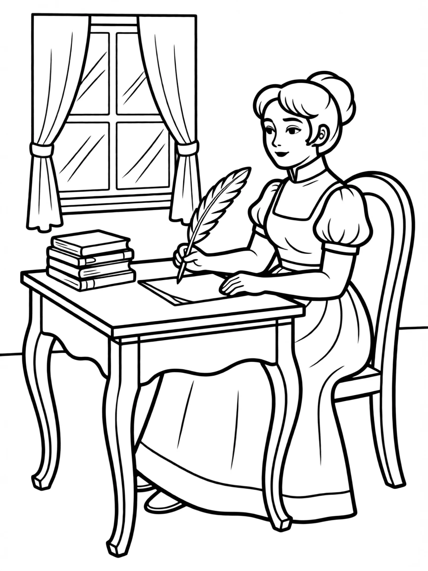 Jane Austen with a quill and paper.