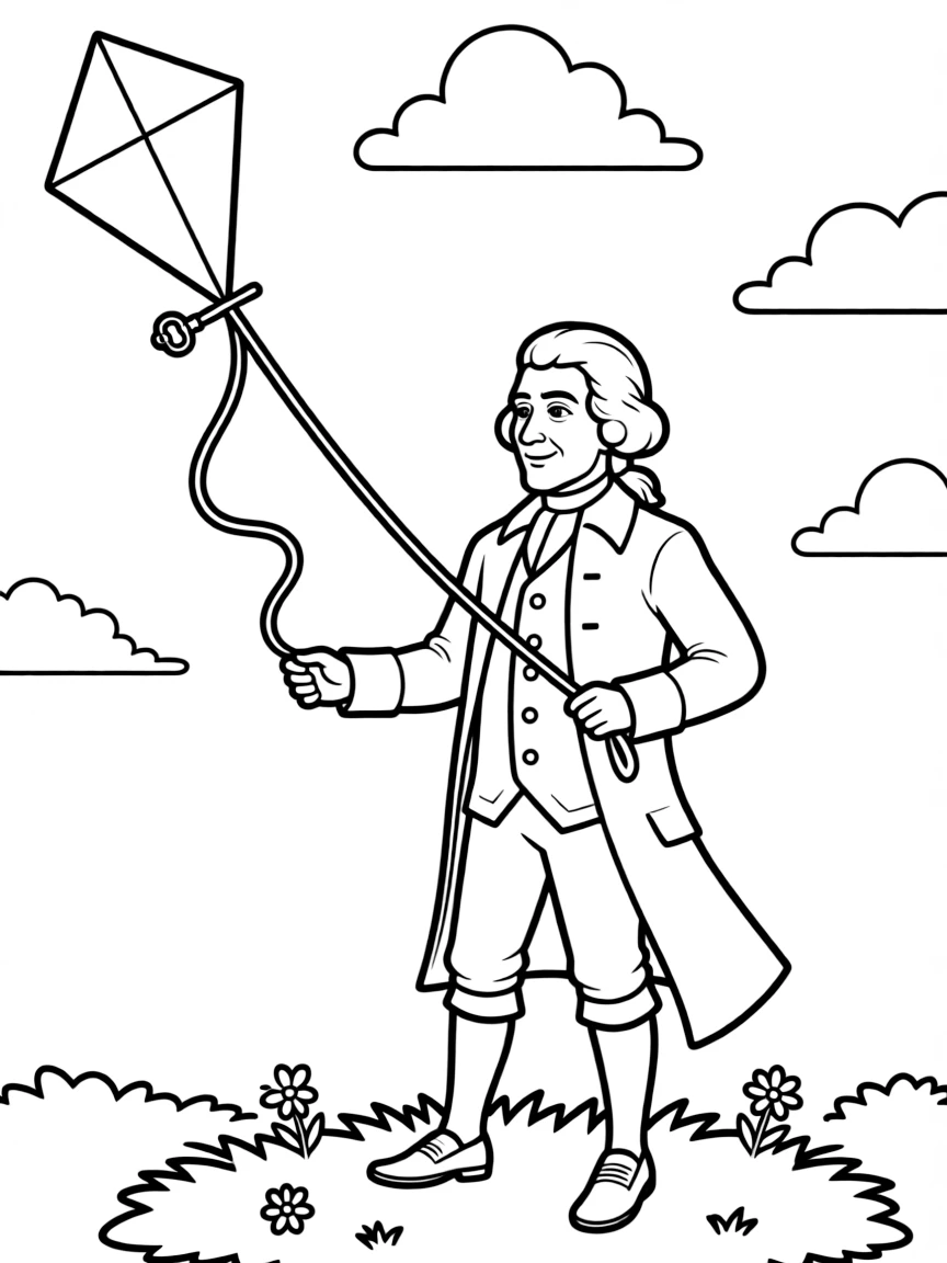 Benjamin Franklin flying a kite.