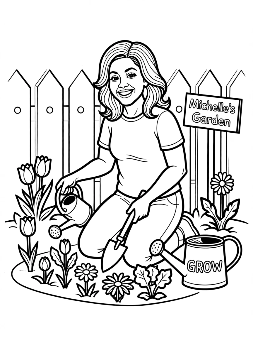 Michelle Obama smiling and gardening.
