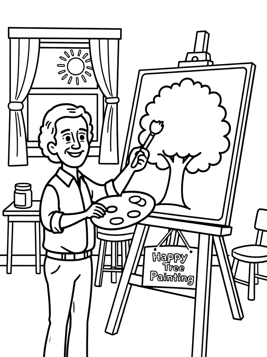 Bob Ross painting a happy tree.