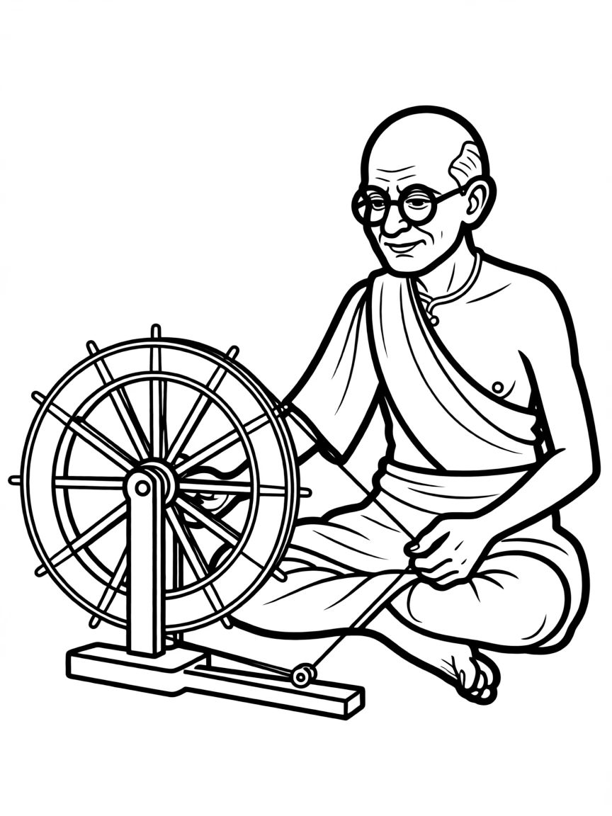 Mahatma Gandhi with a spinning wheel.