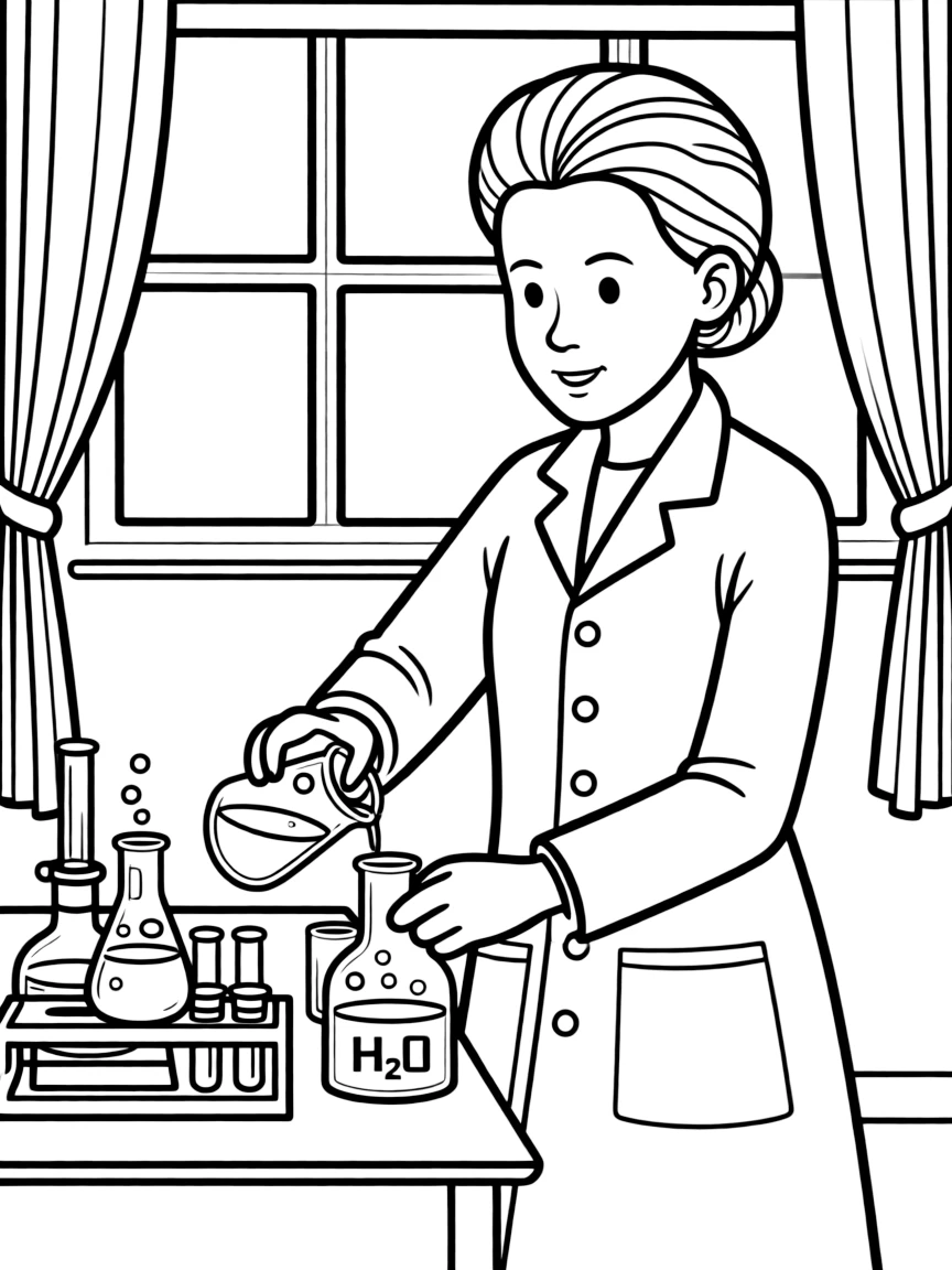 Marie Curie mixing chemicals.