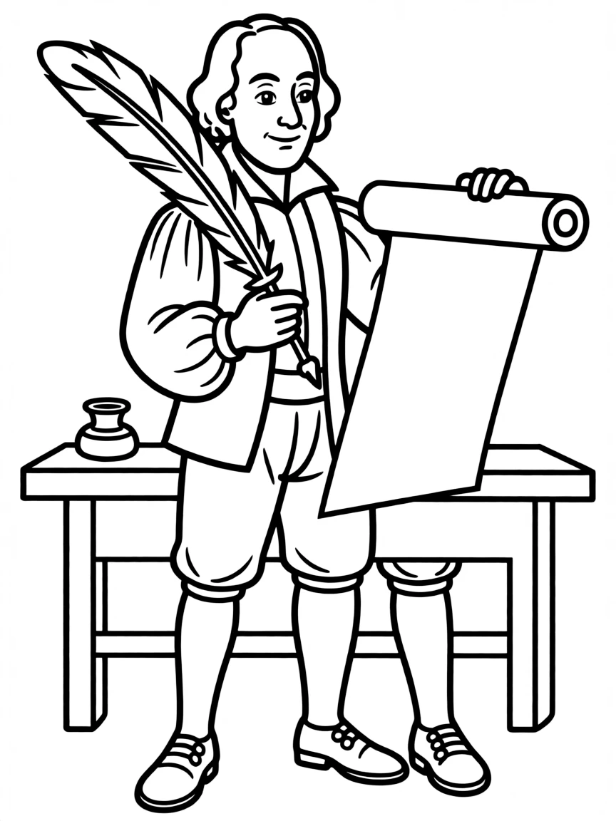 William Shakespeare holding a feather pen.