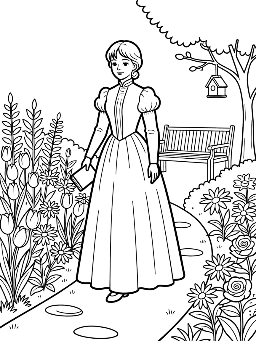 Jane Austen walking in a garden.