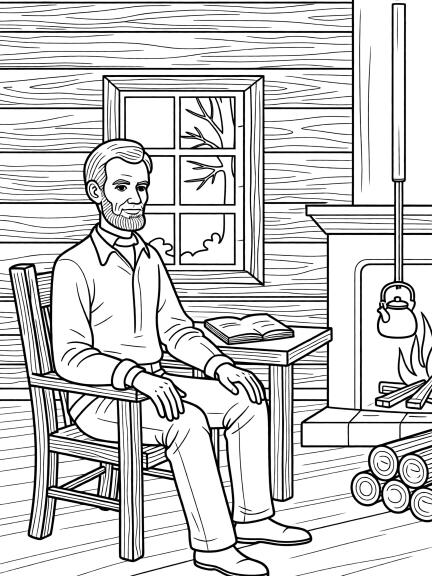Abraham Lincoln in a log cabin.