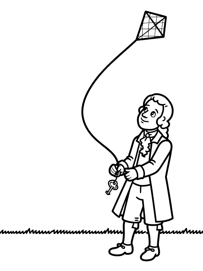 Benjamin Franklin with a key on a kite string.