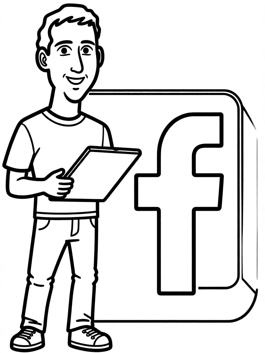 Mark Zuckerberg with a Facebook logo.