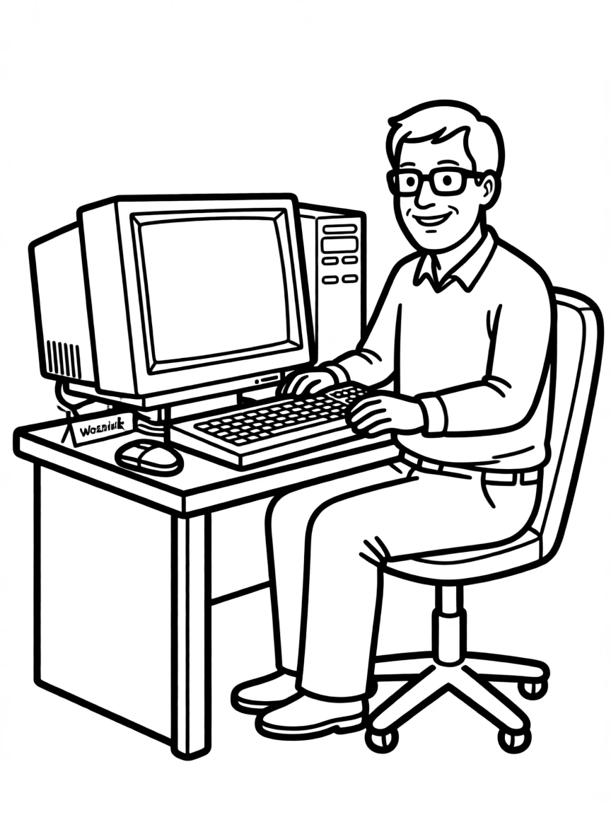A simple drawing of Steve Wozniak with a computer.