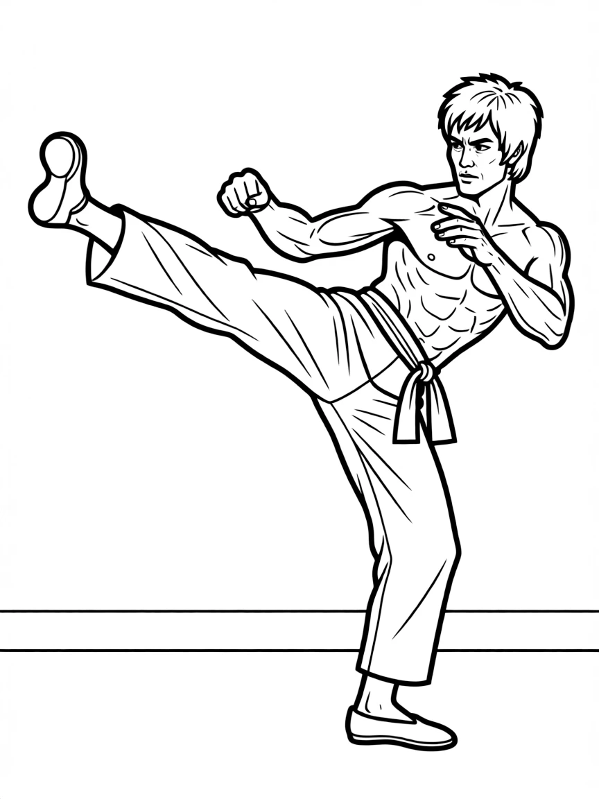 Bruce Lee doing a kick.