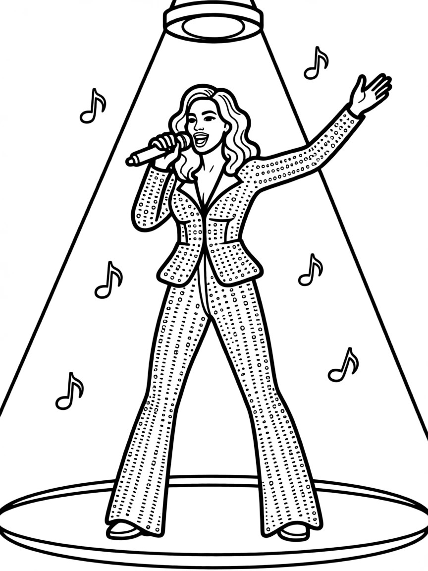 Beyoncé in a sparkly outfit singing.