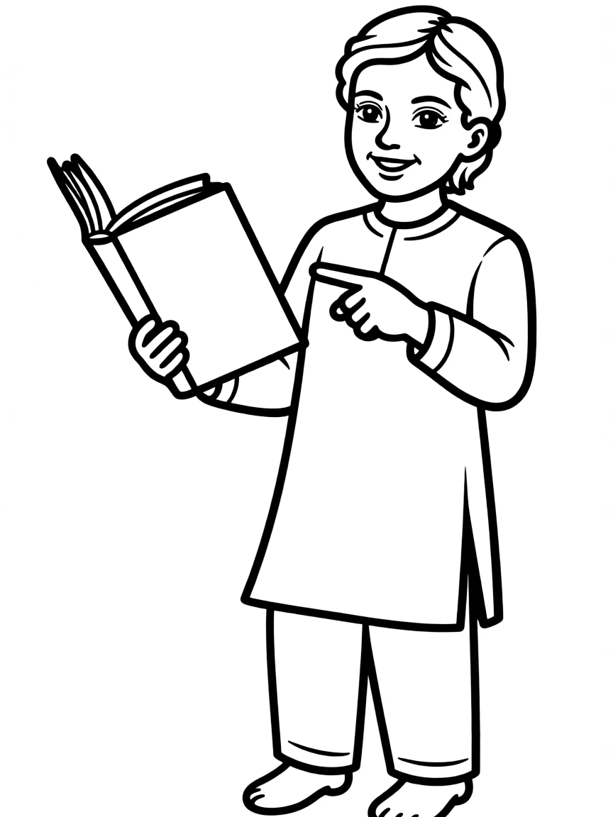 Malala Yousafzai pointing to a book.