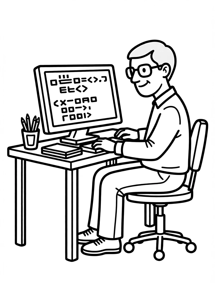 Bill Gates coding on a simple computer screen.