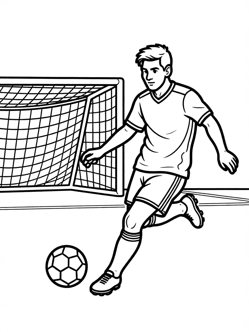 Lionel Messi kicking a soccer ball towards a goal.