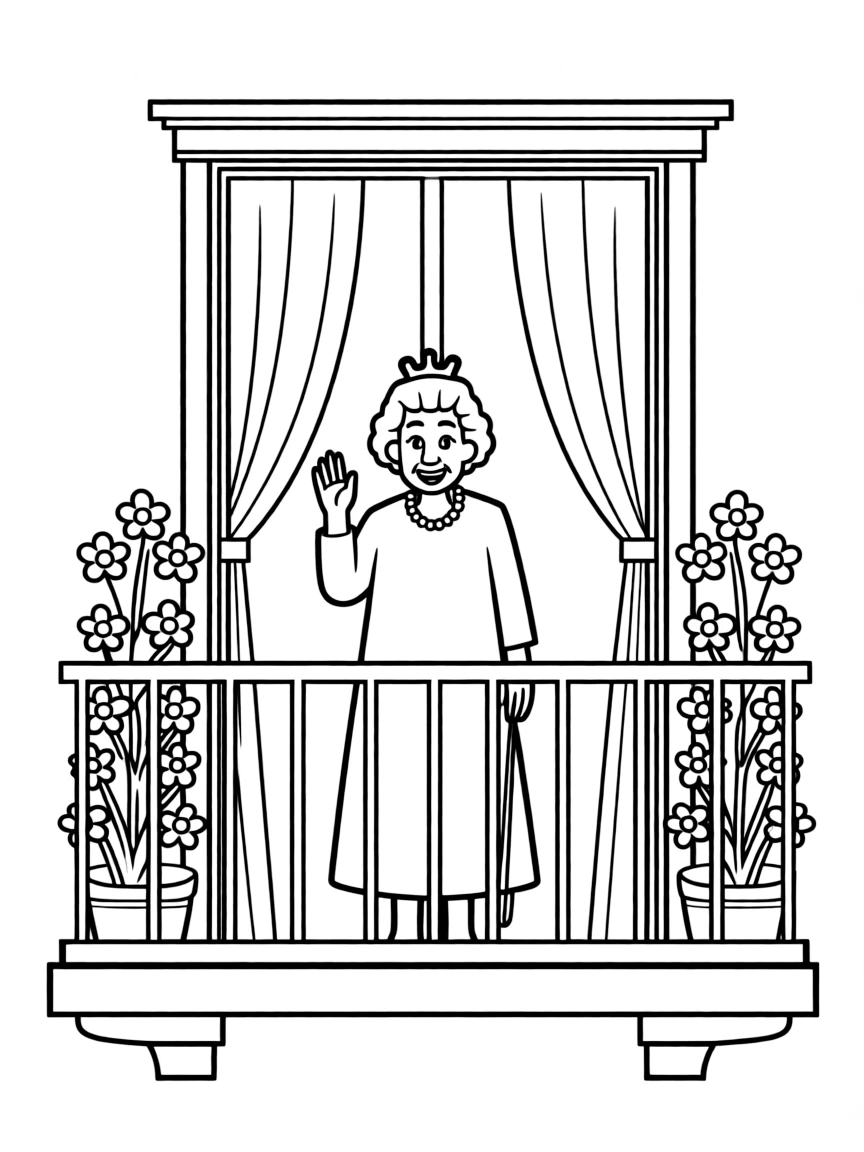 Queen Elizabeth II waving from a balcony.