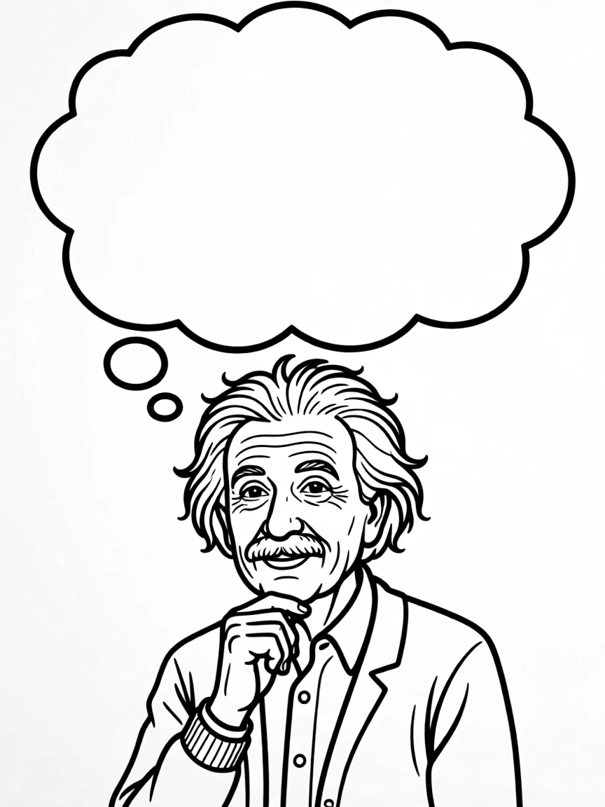Albert Einstein thinking with a thought bubble.
