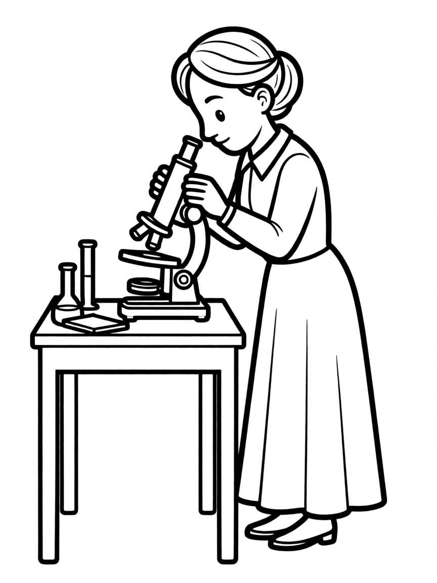 Marie Curie looking through a microscope.