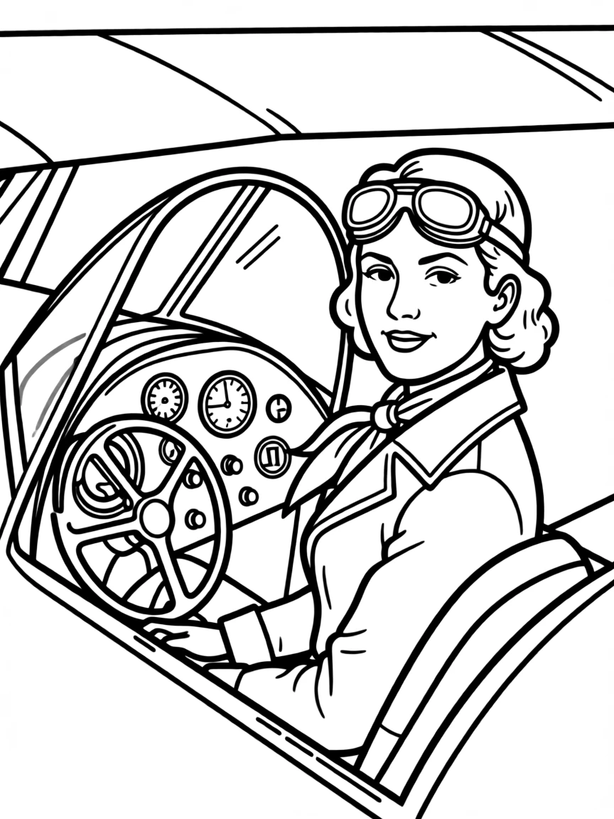 Amelia Earhart in an airplane cockpit.