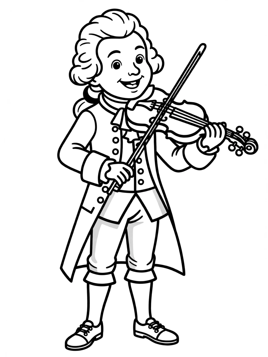 Wolfgang Amadeus Mozart playing a violin happily.