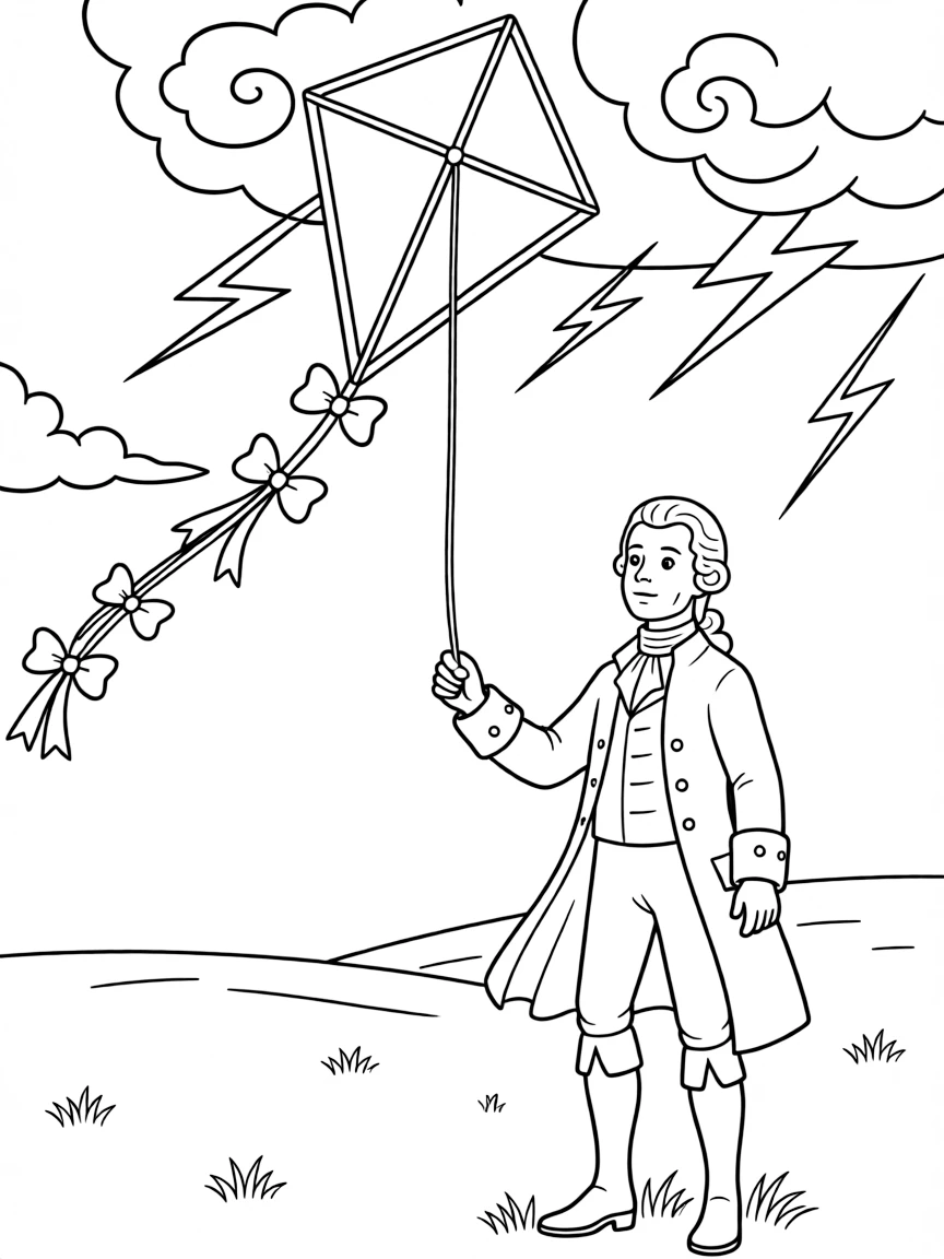 Benjamin Franklin flying a kite in a storm.