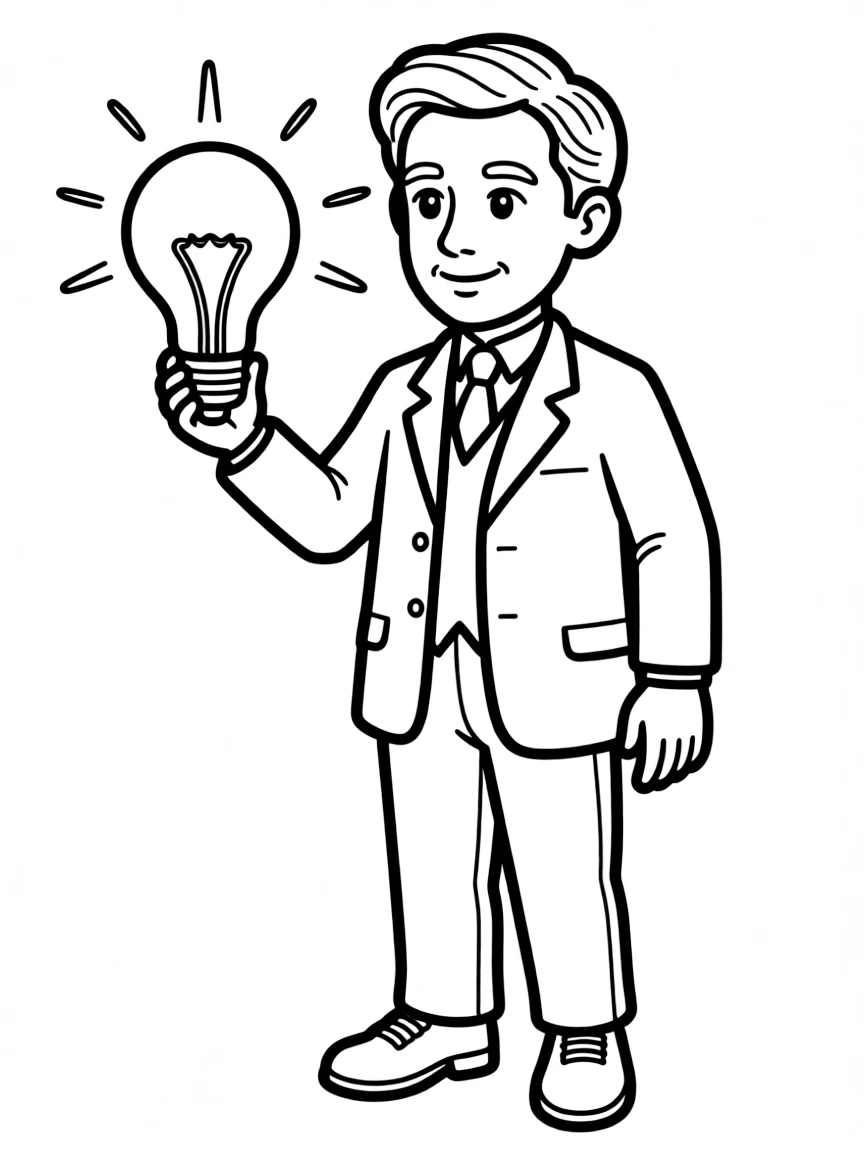 Thomas Edison holding a glowing lightbulb.