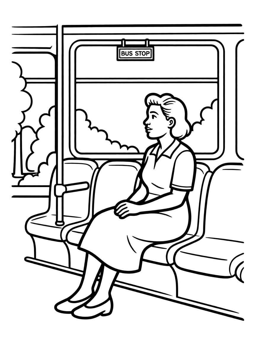 Rosa Parks looking out a bus window.