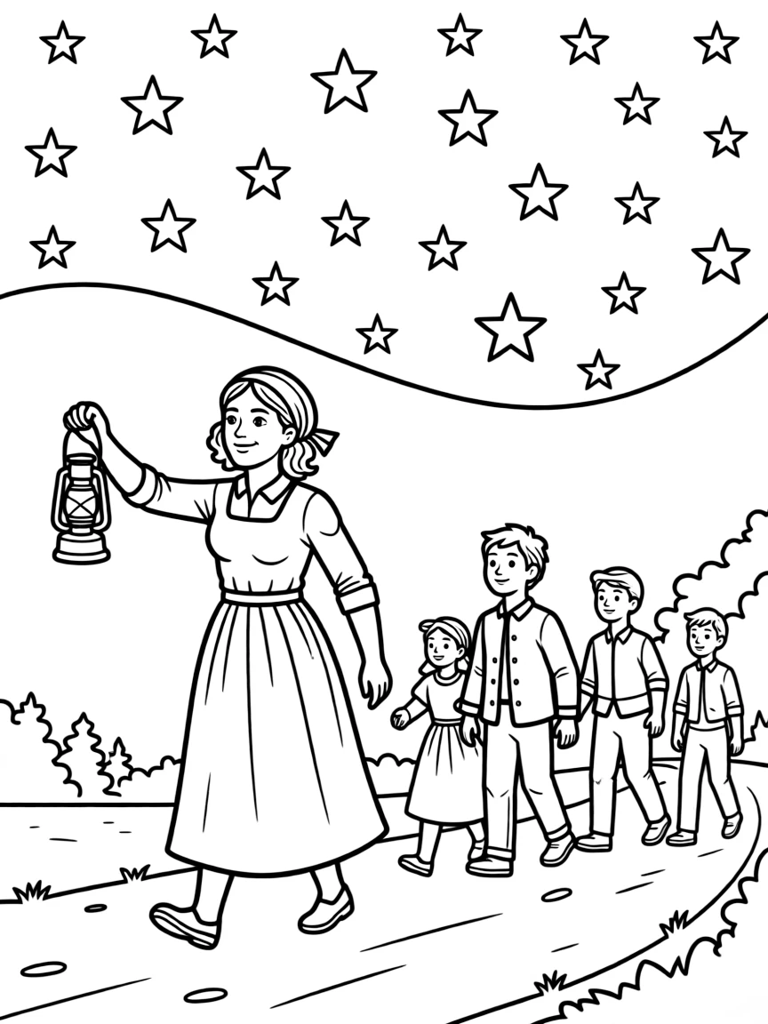 Harriet Tubman guiding a group under the stars.