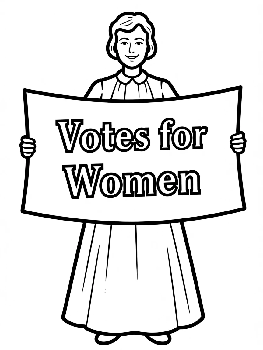 Susan B. Anthony holding a "Votes for Women" banner.