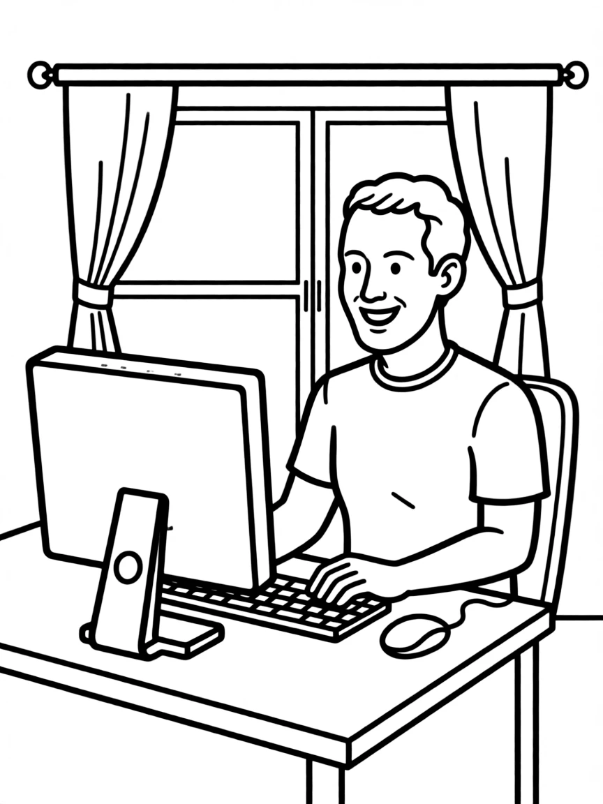 Mark Zuckerberg smiling with a computer.