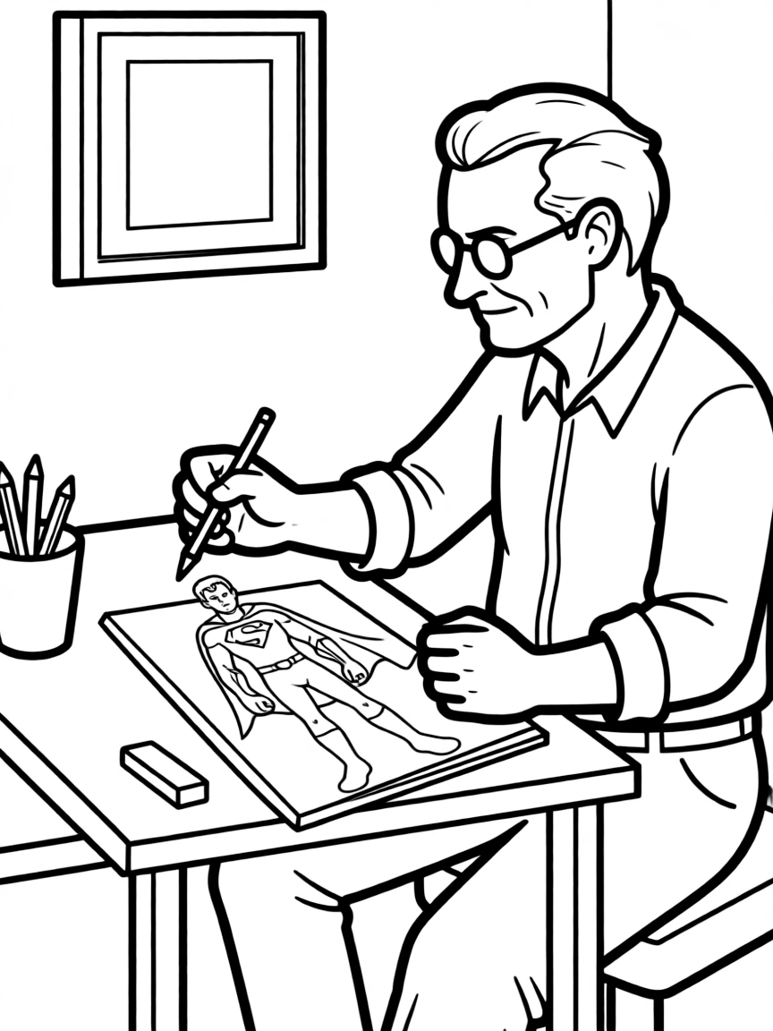 Stan Lee drawing a superhero on a notepad.