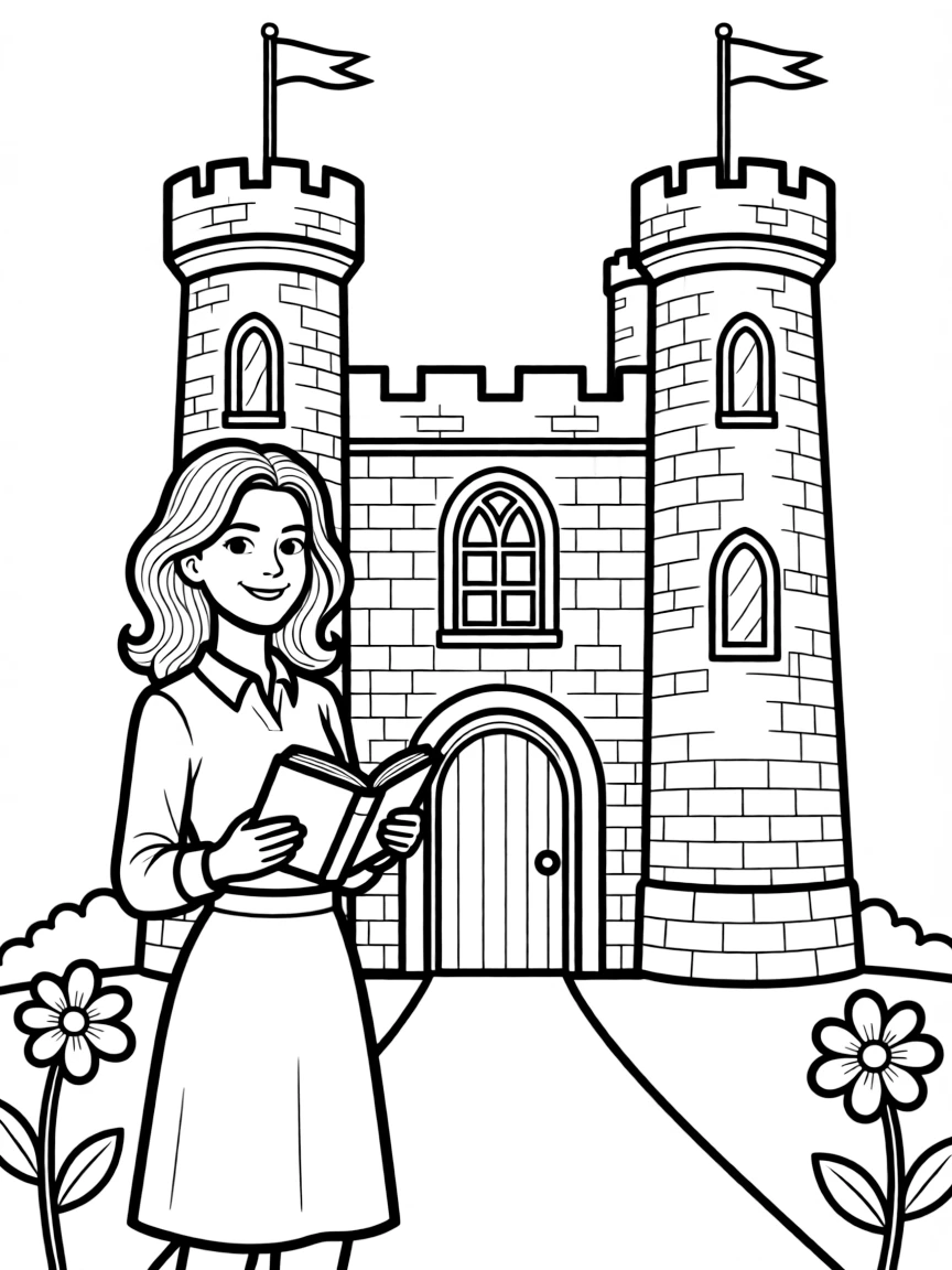 J.K. Rowling with a book and a castle.