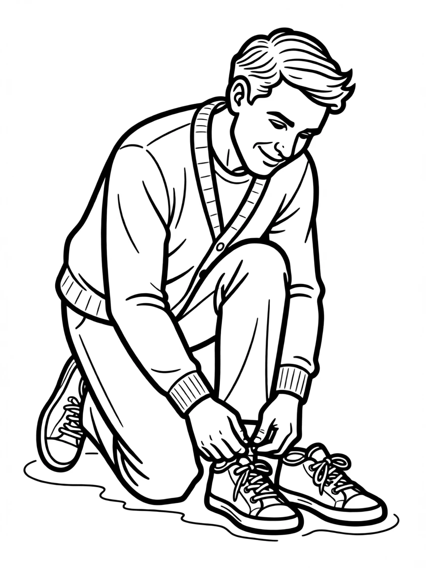 Mr. Rogers putting on his sneakers.