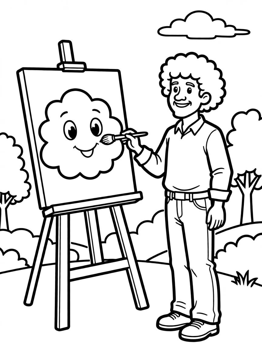 Bob Ross painting a happy little cloud.