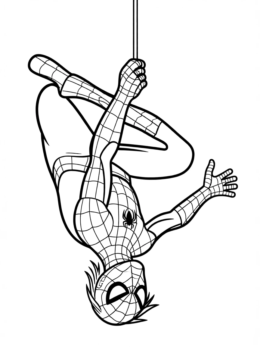 Tom Holland as Spider-Man hanging upside down.