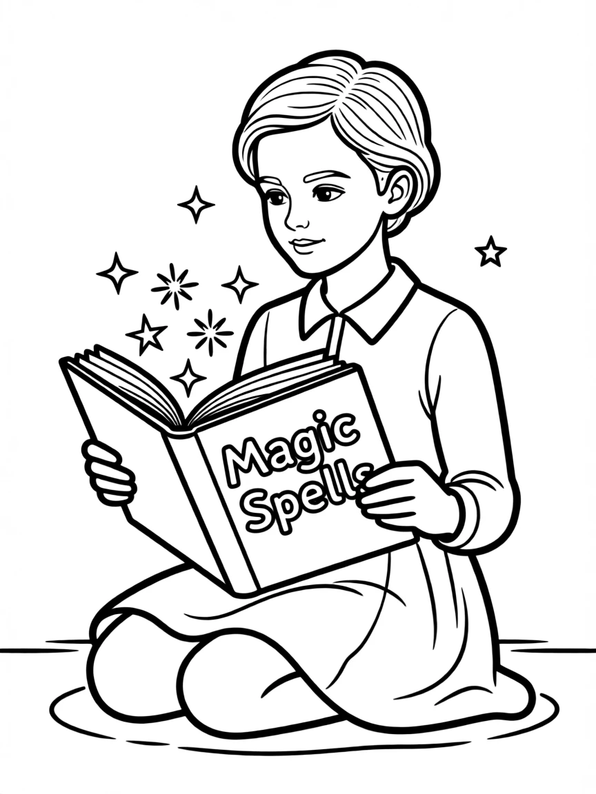 Emma Watson reading a spellbook.