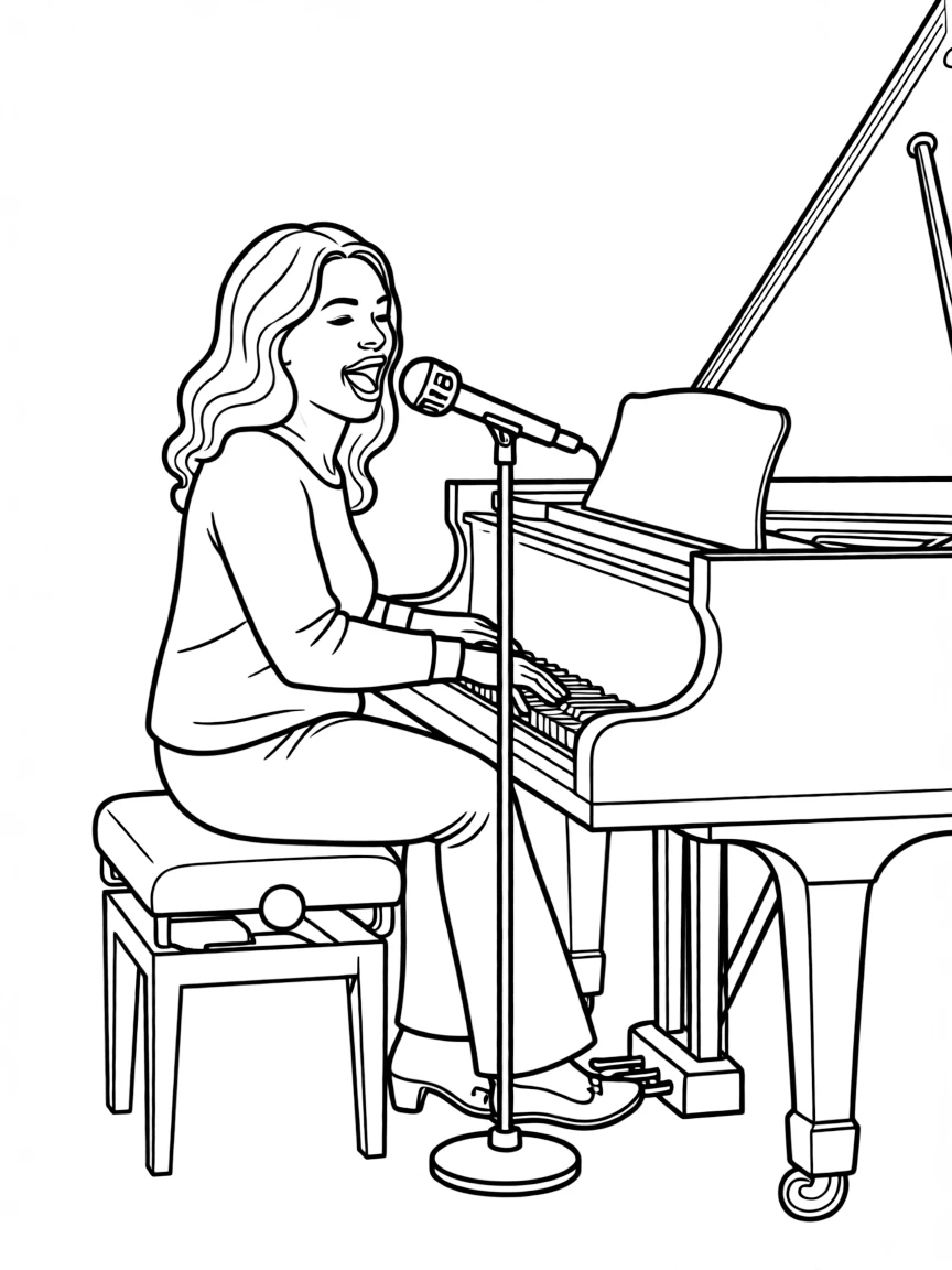 Alicia Keys playing piano and singing.