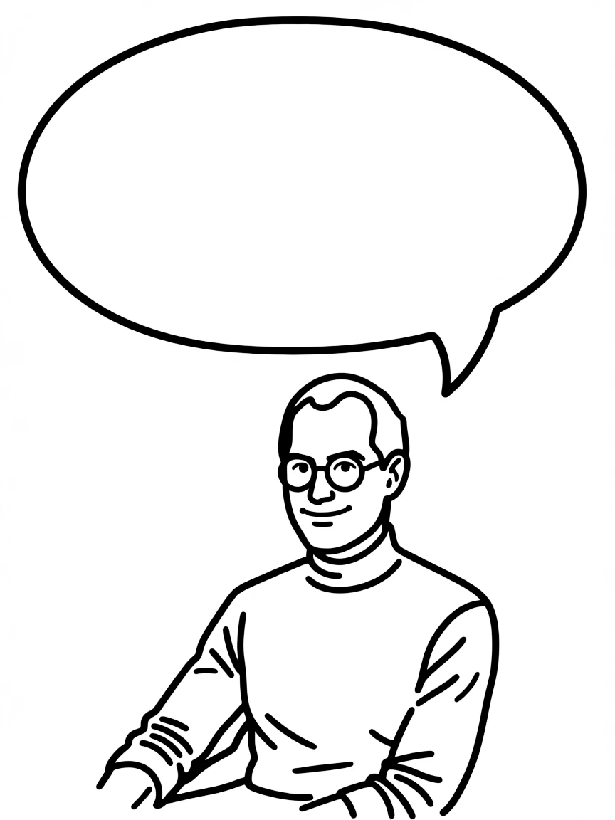 A simple drawing of Steve Jobs with a thought bubble.