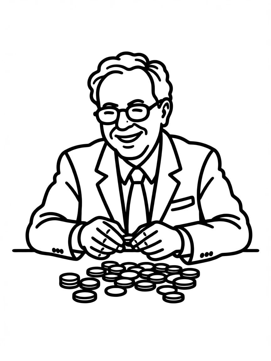 Warren Buffett counting coins (simple drawing).