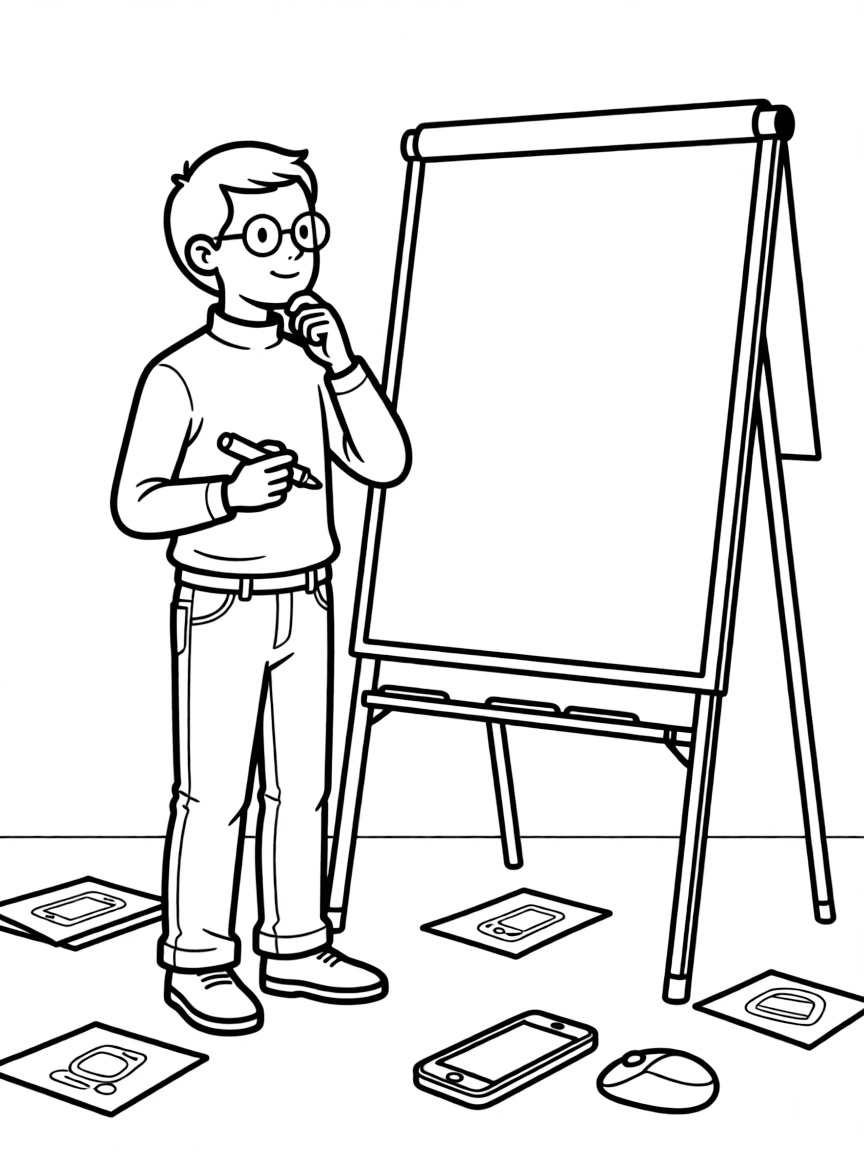 A simple drawing of Steve Jobs brainstorming.