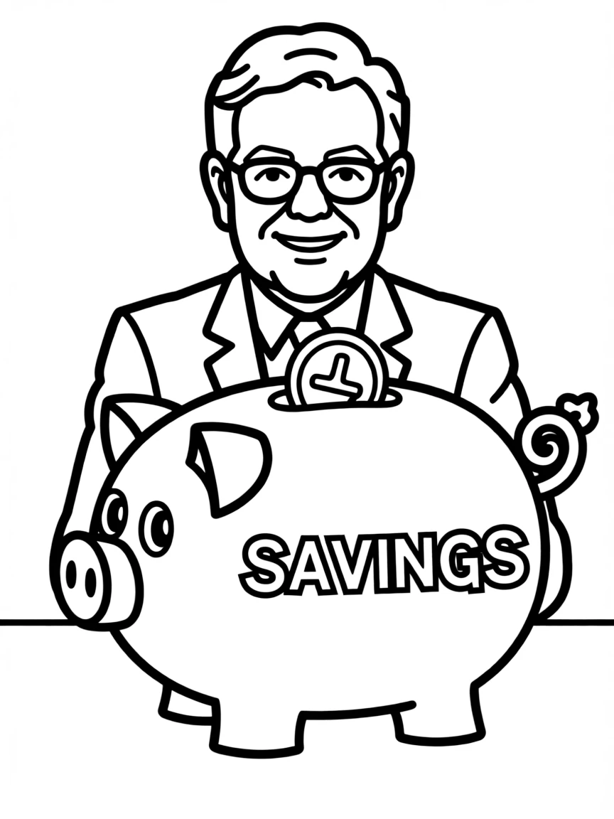 Warren Buffett with a piggy bank.