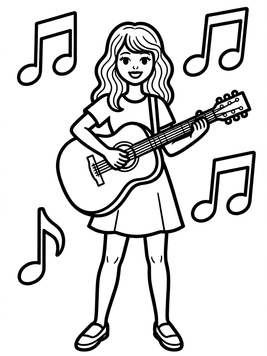 Taylor Swift with a guitar and music notes.