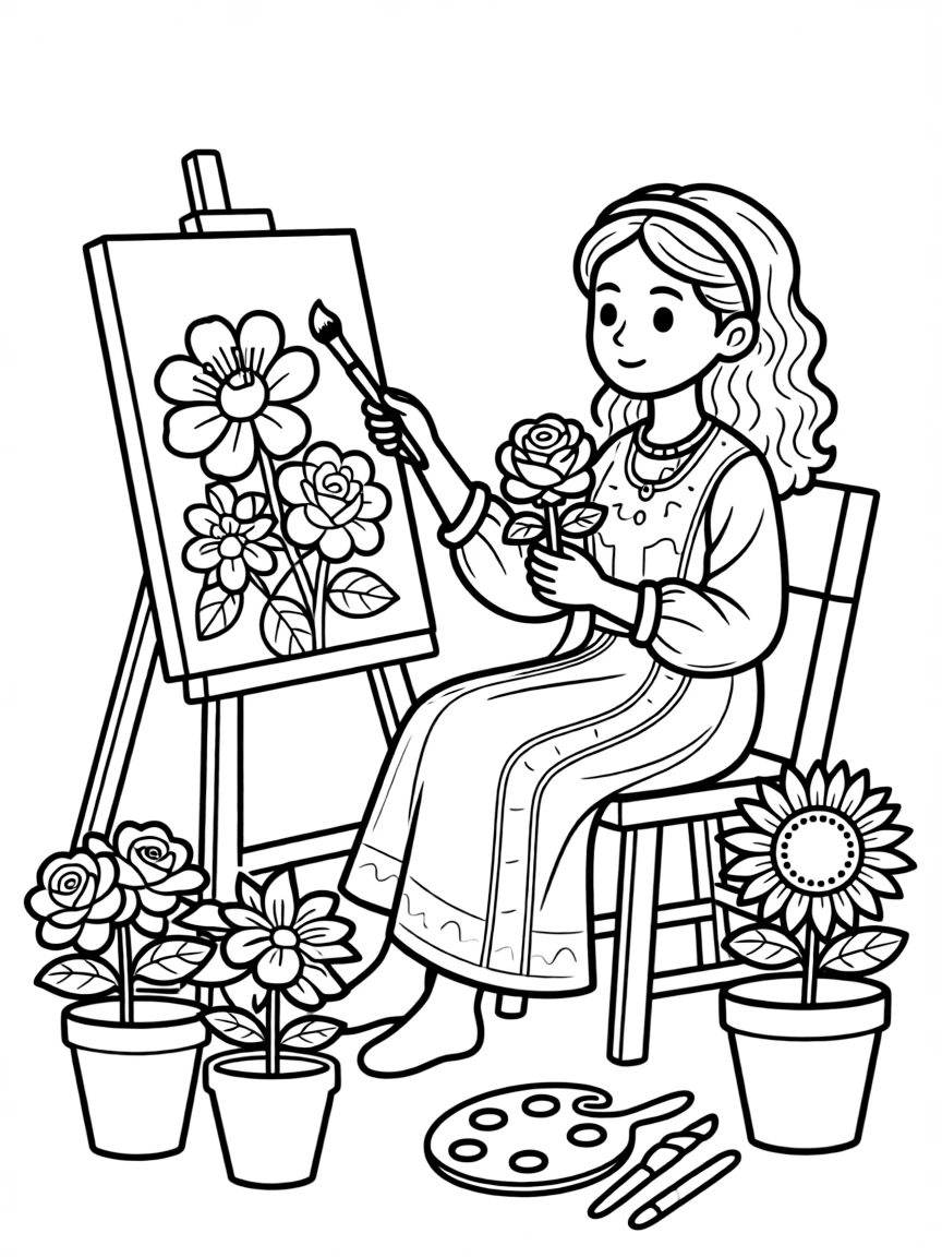 Frida Kahlo painting flowers.