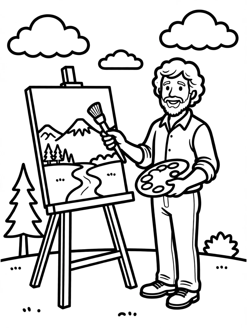 Bob Ross painting a landscape.