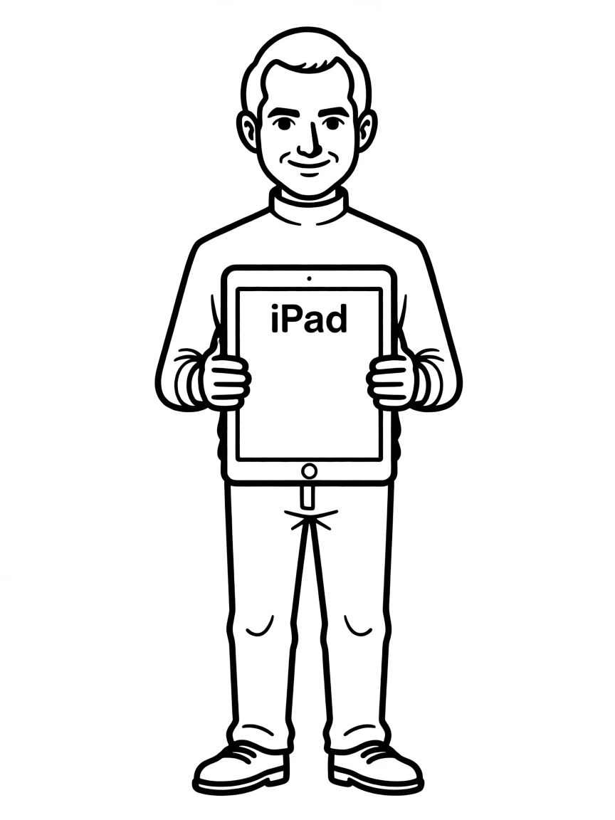 A simple drawing of Steve Jobs holding an iPad.