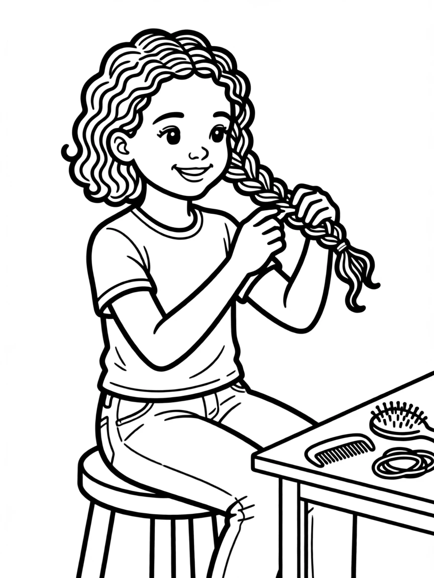 African American girl braiding hair